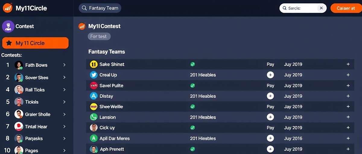 My11Circle Dashboard My11Circle dashboard showing upcoming cricket matches, contest options and user's fantasy teams
